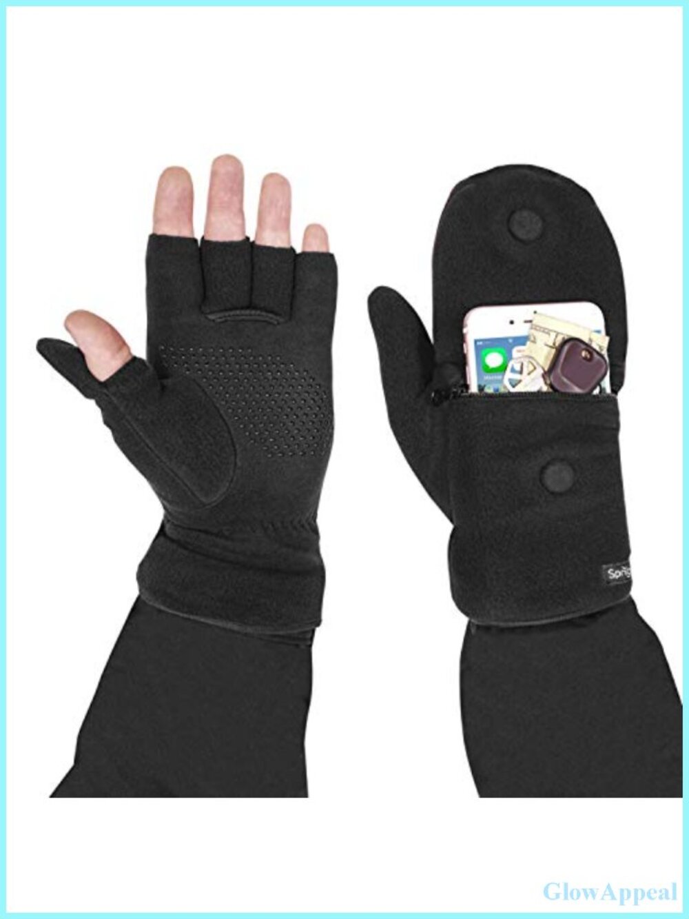 Fingerless Gloves With Zipper Phone Pocket & Removable Hood